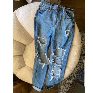 High waisted distressed mom jeans